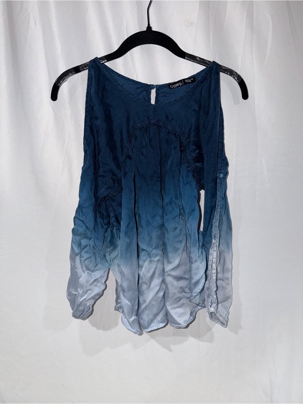 Gypsy 05 Blouse Ombre Blue Cold Open Shoulder Flowy High Cut Sides Top XS
